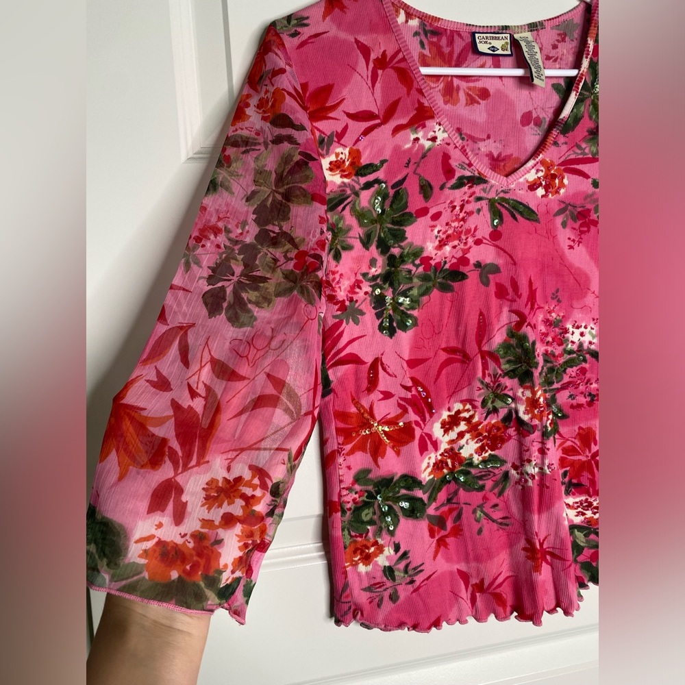 Y2k Caribbean Joe Pink Floral Top with sequins and mesh sleeves - Picture 5 of 5